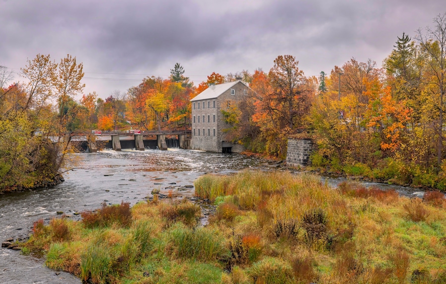 Watson's Mill on a cold rainy autumn morning in Manotick, Ontario, Canada