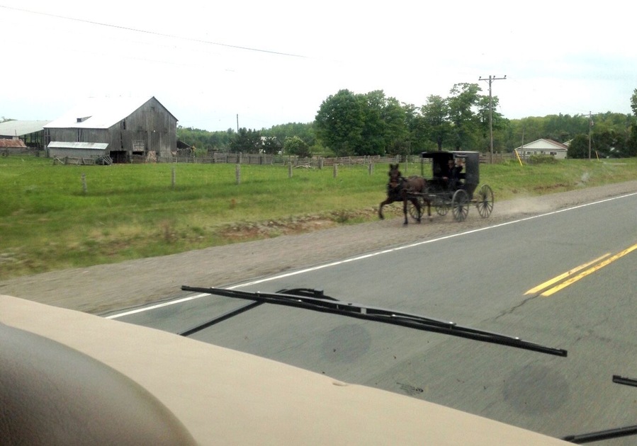 Where one horse power meets 340 horse power.
The farmer waved to us on the way by! (JUNE 2015)