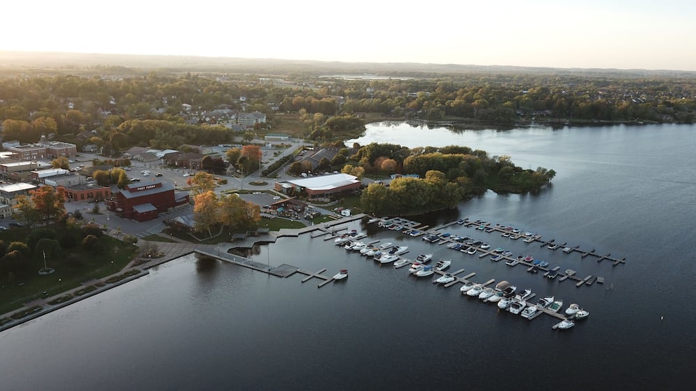 An aerial view of a marina with boats docked, surrounded by a town with buildings and trees.