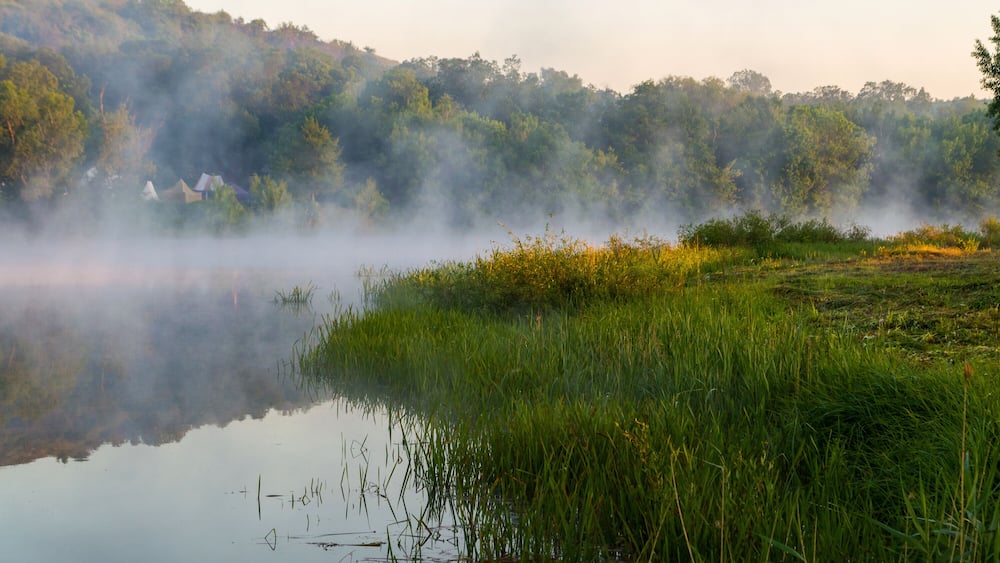 In a river landscape with nature morning with fog