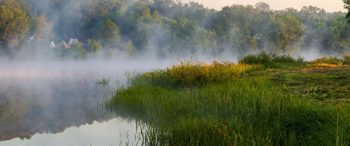 In a river landscape with nature morning with fog