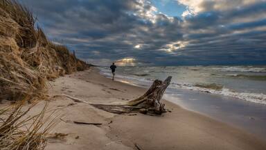 Una playa con una persona caminando, un tronco de madera a la deriva y un cielo nublado.