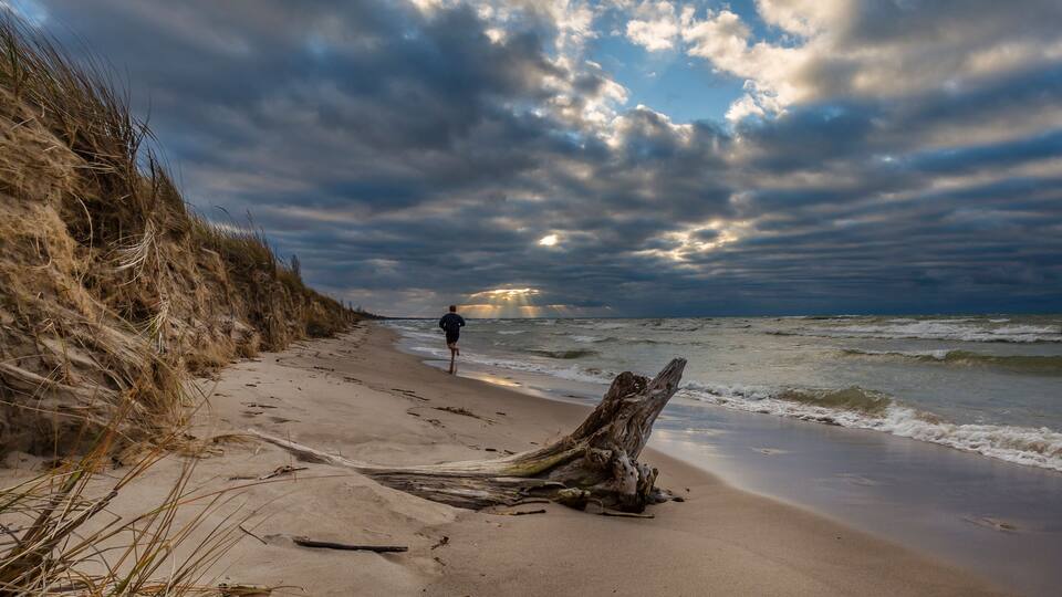 A beach with a person walking, a large driftwood piece, and a cloudy sky.