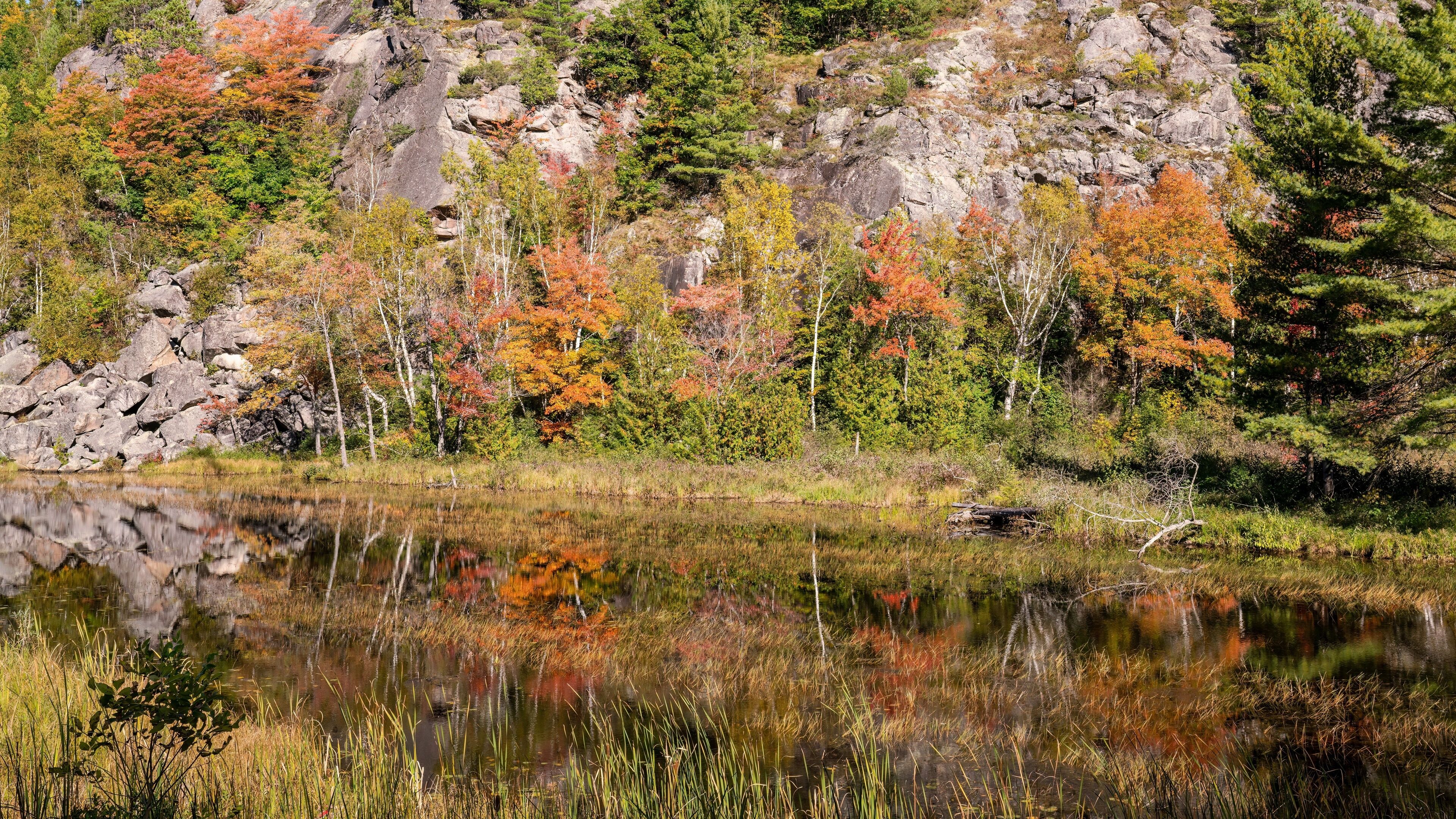A calm lake surrounded by autumn-colored trees and rocky terrain.