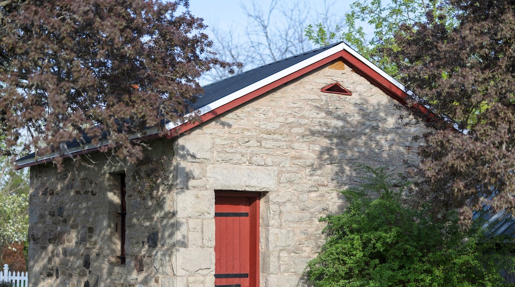 A stone building with a red door and a small triangular window.