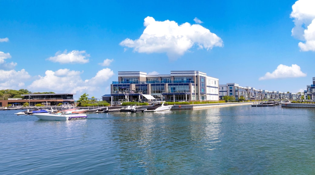 Scenic Innisfil marina and yacht club on Ontario Lake Simcoe with hotels and boat rentals.