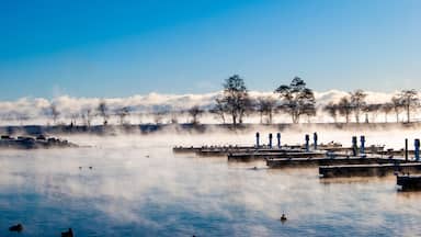 Um lago tranquilo com vapor subindo da água, cercado por árvores e uma fileira de estruturas azuis.