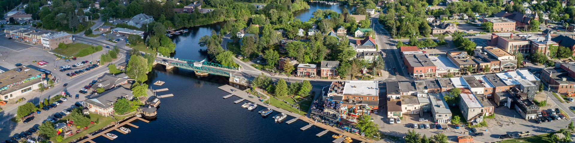 Panoramic Aerial of downtown Huntsville, Ontario, Canada.