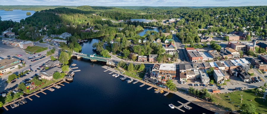 Panoramic Aerial of downtown Huntsville, Ontario, Canada.