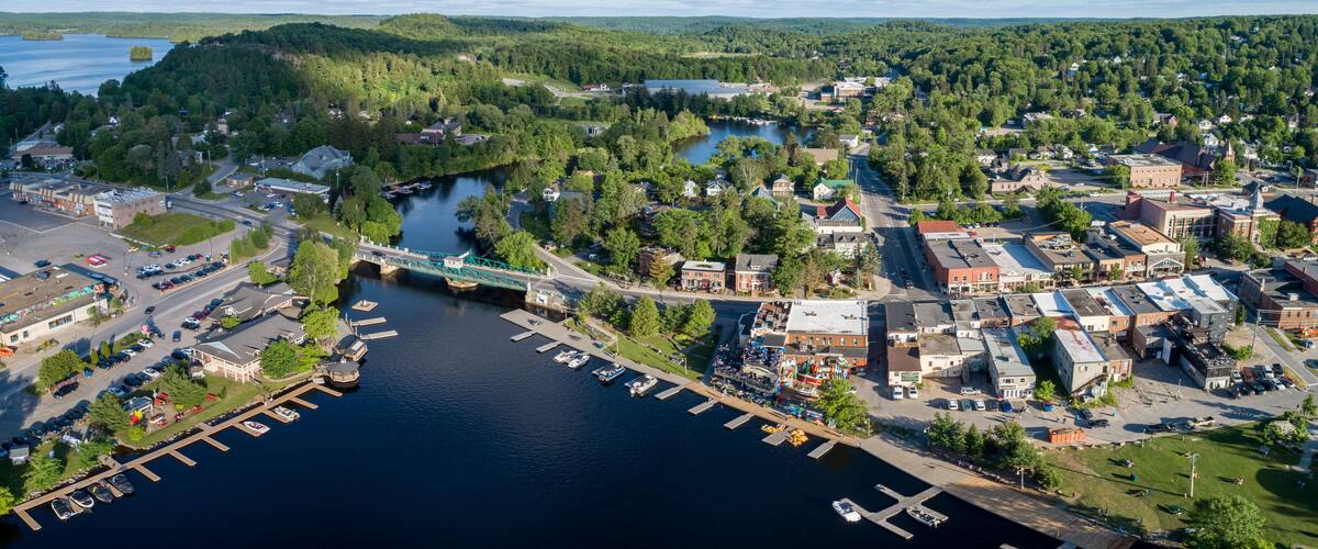 An aerial view of a riverside town with a bridge, docks, and surrounding greenery.