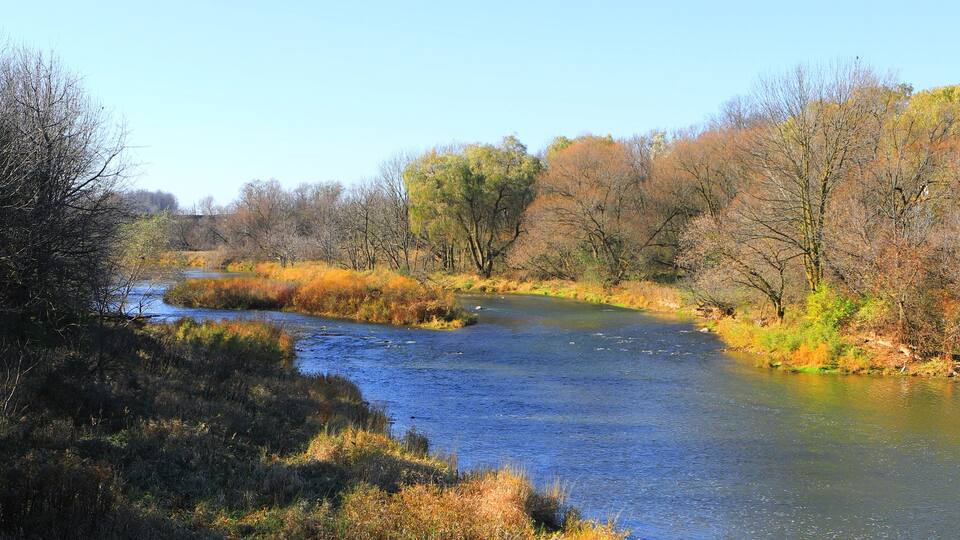 A river flowing through a forested area with autumn-colored trees.