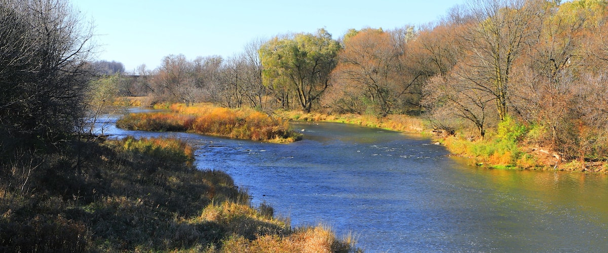 A river flowing through a forested area with autumn-colored trees.