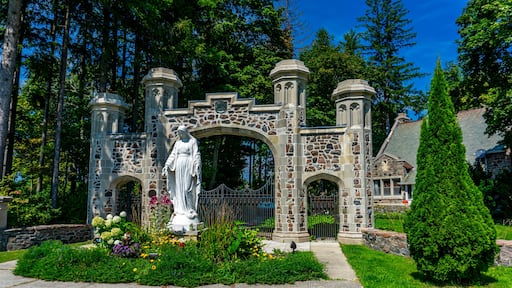 A stone archway with a statue, surrounded by a garden with flowers and a tall coniferous tree.