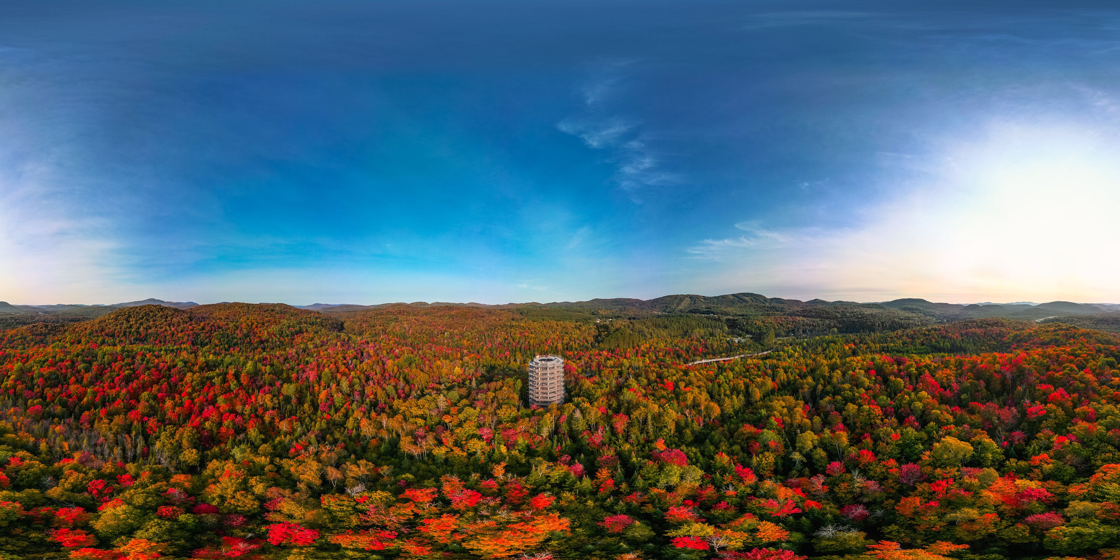 Aerial view of winding river in Laurentian mountains, Quebec, Canada during the fall