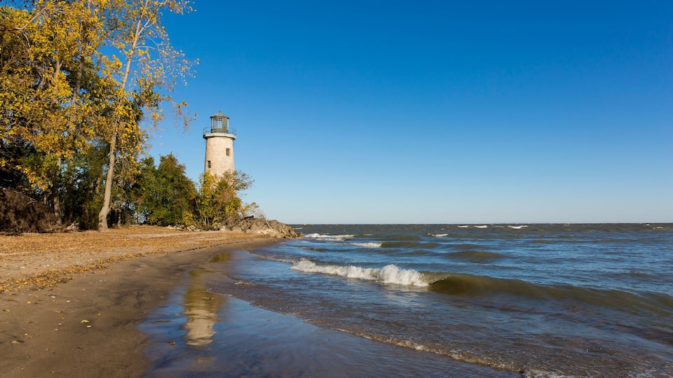 A lighthouse by a beach with waves, trees, and a clear sky.