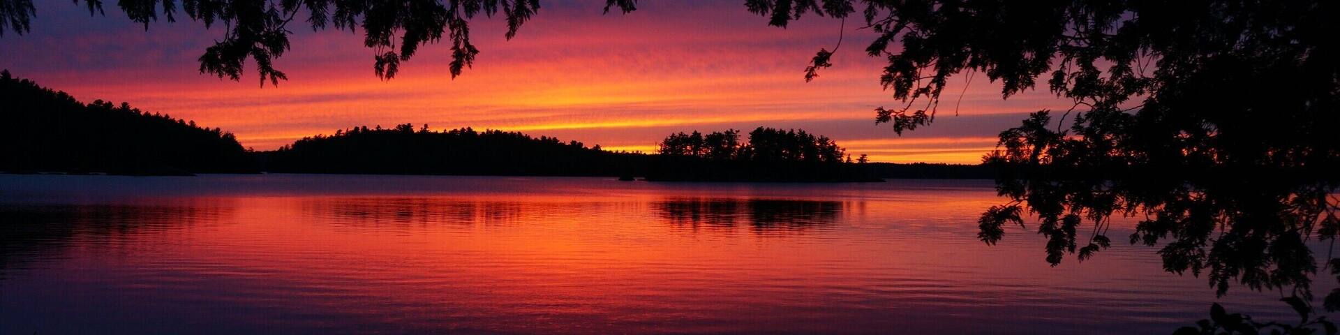 A sunset over a calm lake with silhouetted trees and a forested shoreline.