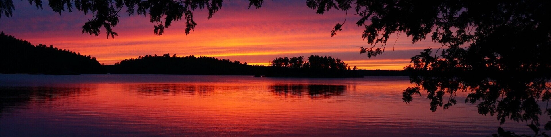 Um pôr do sol sobre um lago calmo, com silhuetas de árvores e margem coberta por uma floresta.