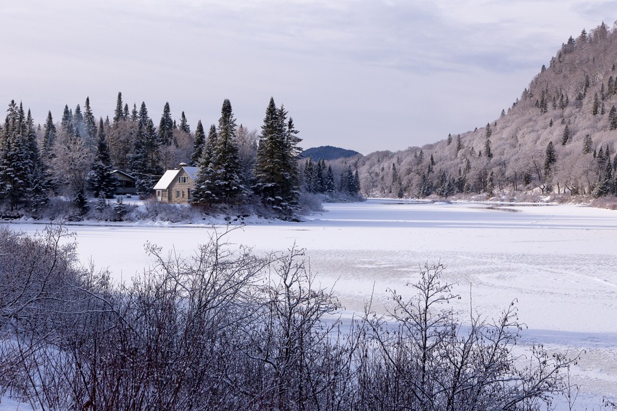 A snow-covered landscape with a house, dense evergreen trees, and a frozen lake.