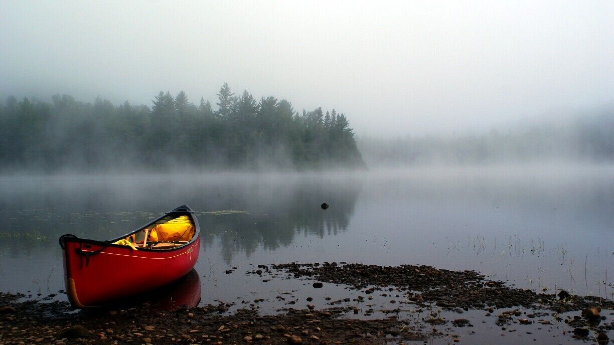 A red canoe on a misty lake with a forest in the background.