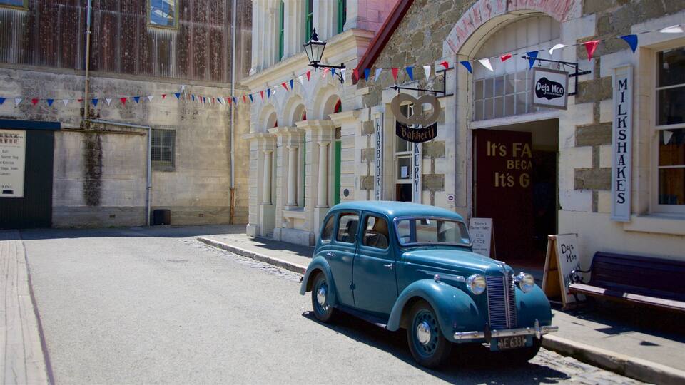 Oamaru som inkluderer kaféstil, gatescener og historisk arkitektur