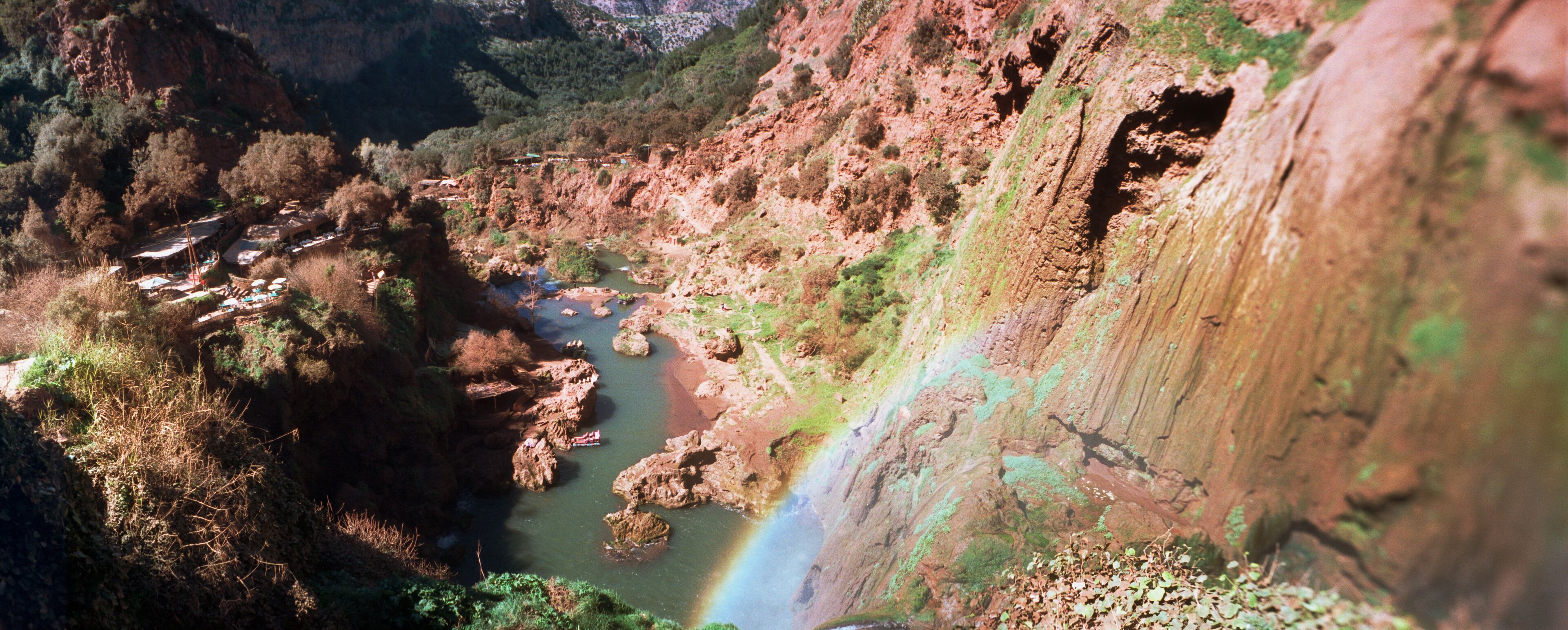 Panoramic view of waterfall, Ouzoud Waterfalls, Grand Atlas, Tanaghmeilt, Azilal, Marrakesh, Morocco.