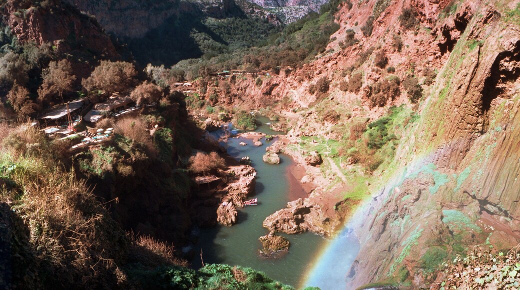 Panoramic view of waterfall, Ouzoud Waterfalls, Grand Atlas, Tanaghmeilt, Azilal, Marrakesh, Morocco.