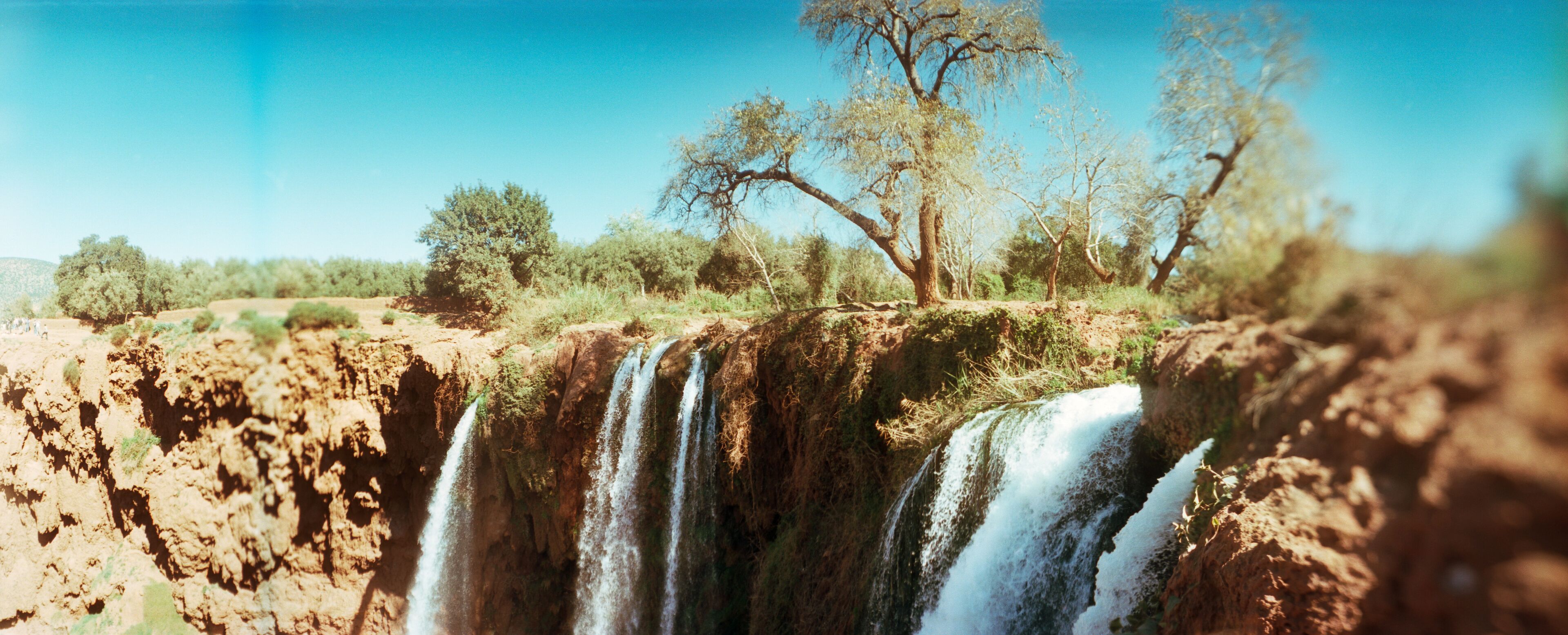 Panoramic view of waterfall, Ouzoud Waterfalls, Grand Atlas, Tanaghmeilt, Azilal, Marrakesh, Morocco.