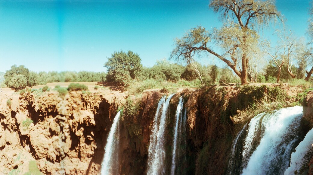 Panoramic view of waterfall, Ouzoud Waterfalls, Grand Atlas, Tanaghmeilt, Azilal, Marrakesh, Morocco.