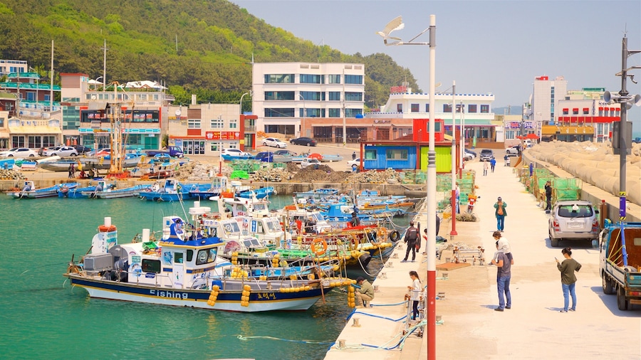 Busan featuring a bay or harbour as well as a small group of people