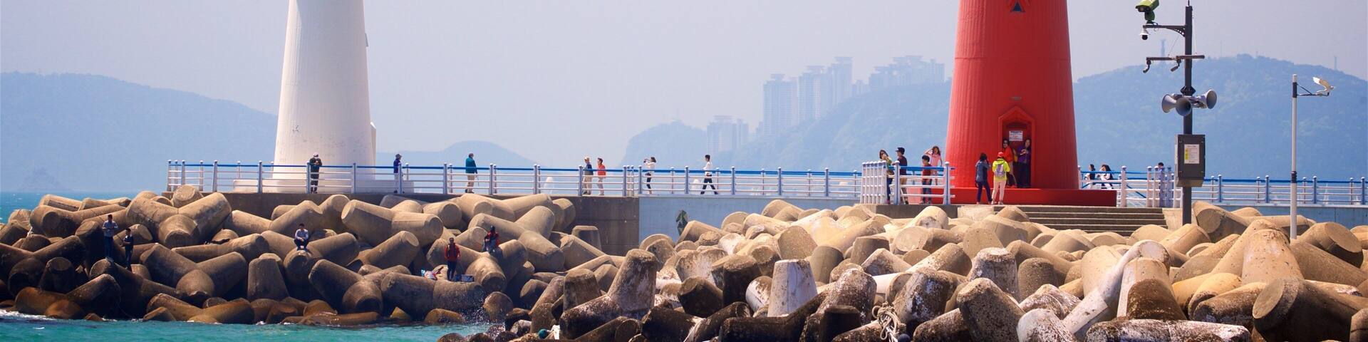 Busan featuring a lighthouse, rugged coastline and general coastal views