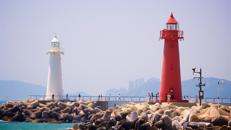 Busan featuring a lighthouse, rugged coastline and general coastal views