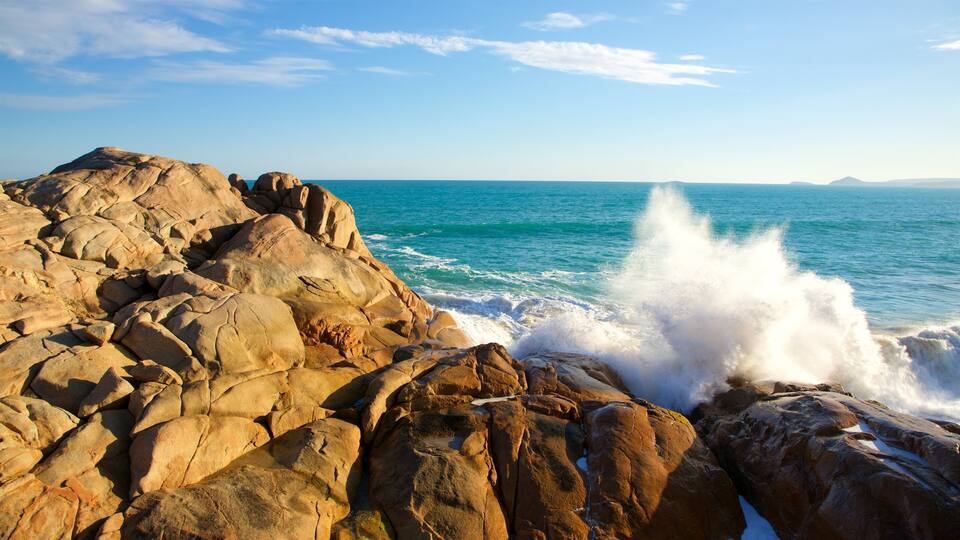 A rocky coastline with waves crashing against the rocks and a clear blue sky.