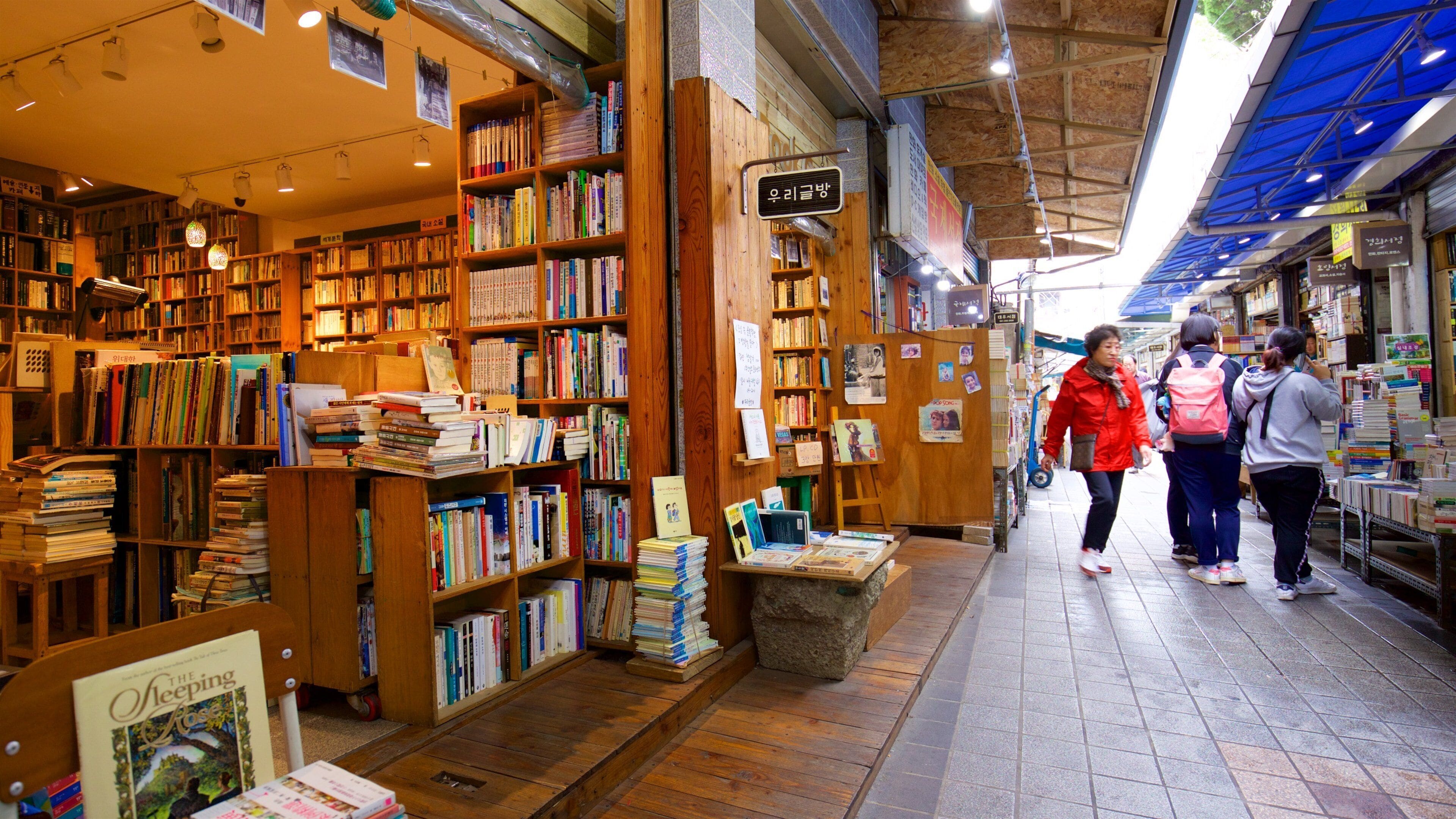 A bookstore with wooden shelves filled with books.