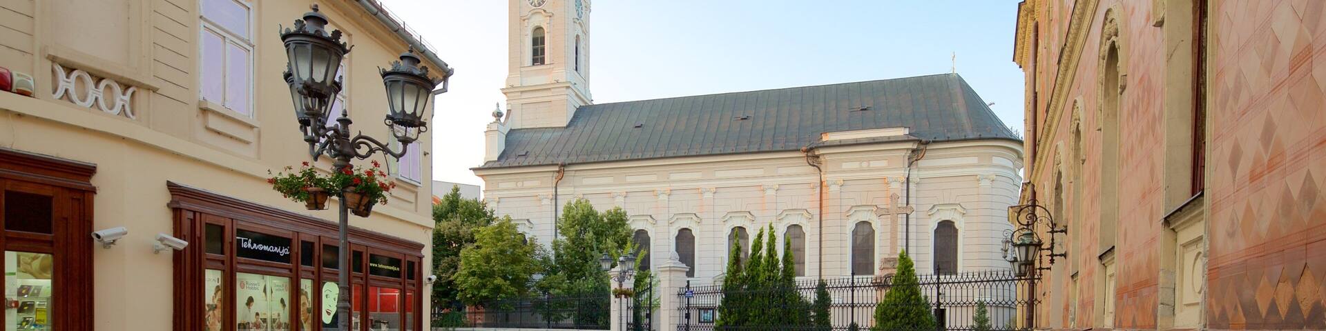 A street with a church and a shop.