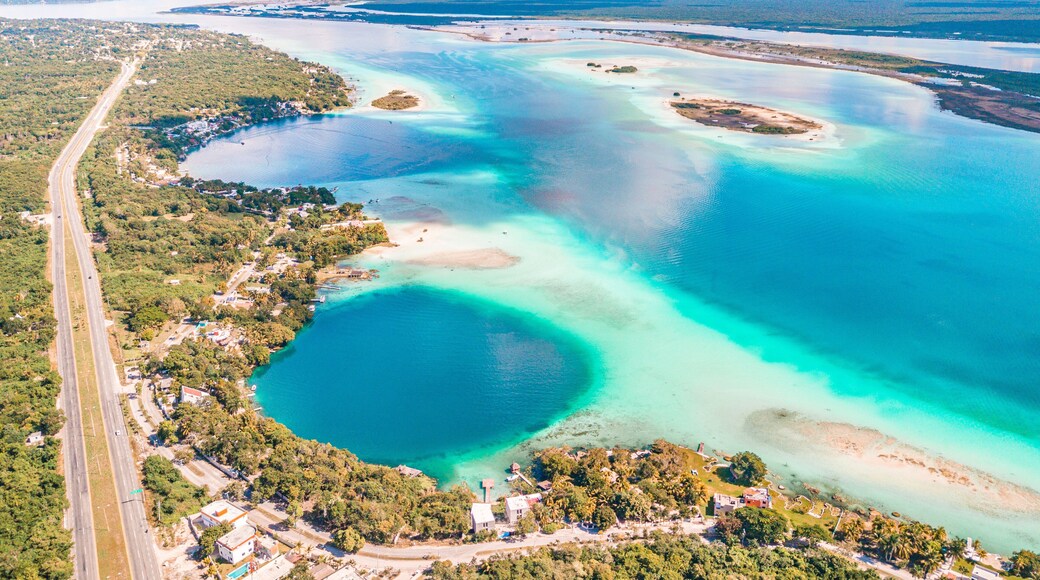 Aerial view of Bacalar Lagoon and Blue Cenote, near Cancun, in Riviera Maya, Mexico