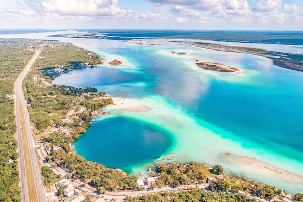 Aerial view of Bacalar Lagoon and Blue Cenote, near Cancun, in Riviera Maya, Mexico
