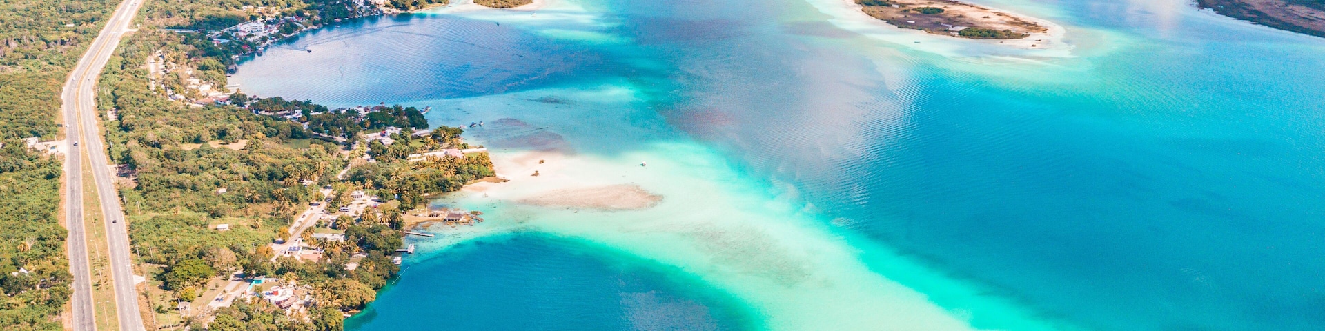Aerial view of Bacalar Lagoon and Blue Cenote, near Cancun, in Riviera Maya, Mexico