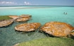 limestone formations with two swimmers in a shallow and brilliant blue color water. Laguna Bacalar. Yucatan. Mexico