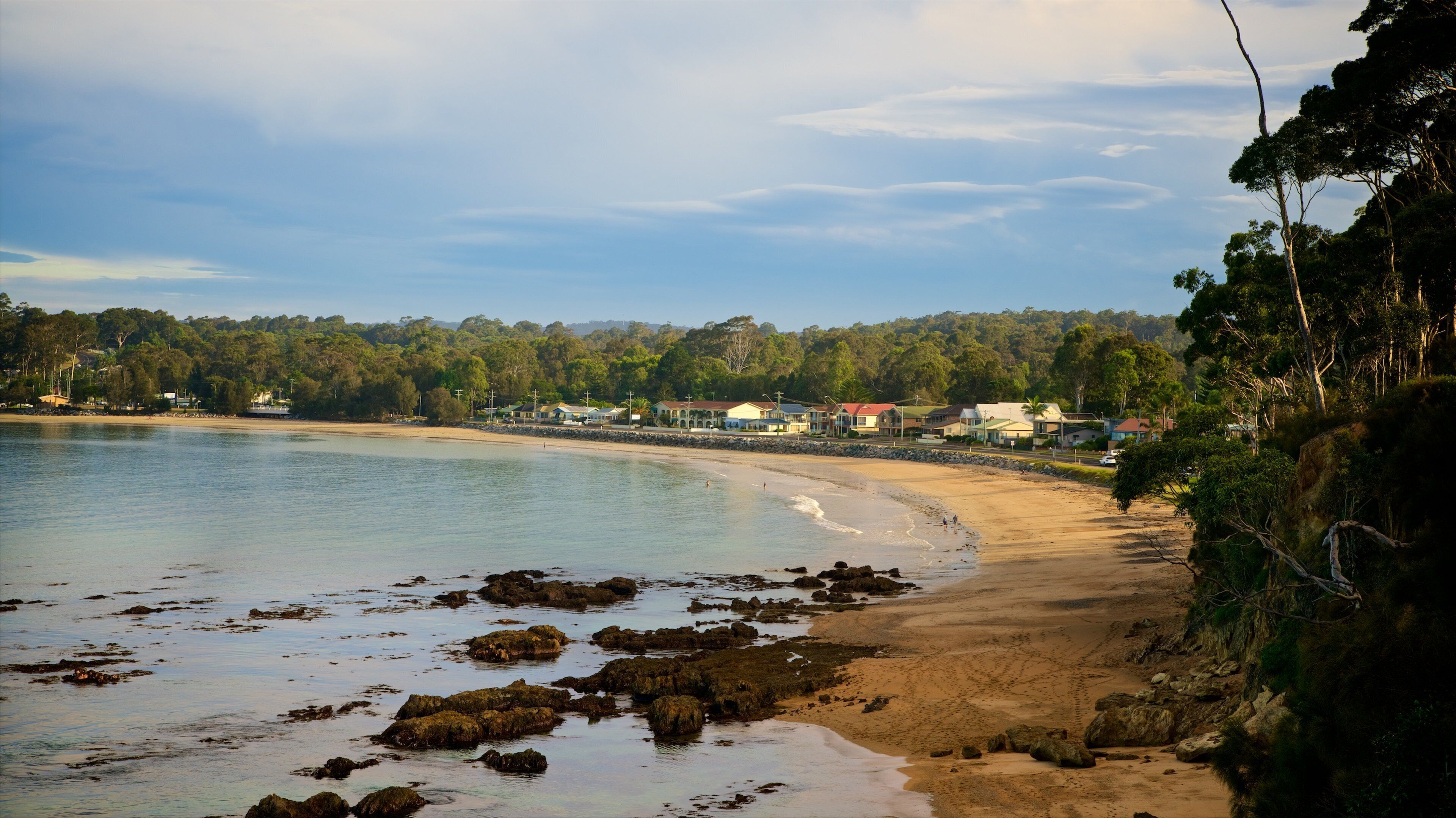 A coastal landscape with a sandy beach, rocky shoreline, and a backdrop of residential buildings and dense forest.