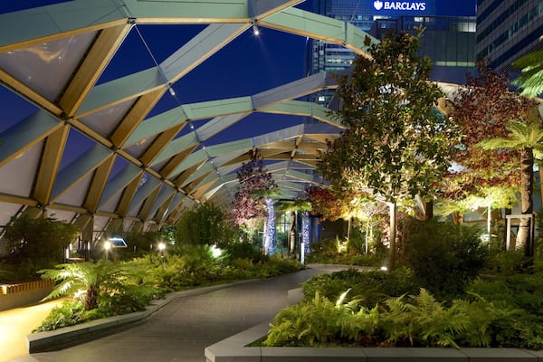 Crossrail Place Roof Garden featuring night scenes and a garden