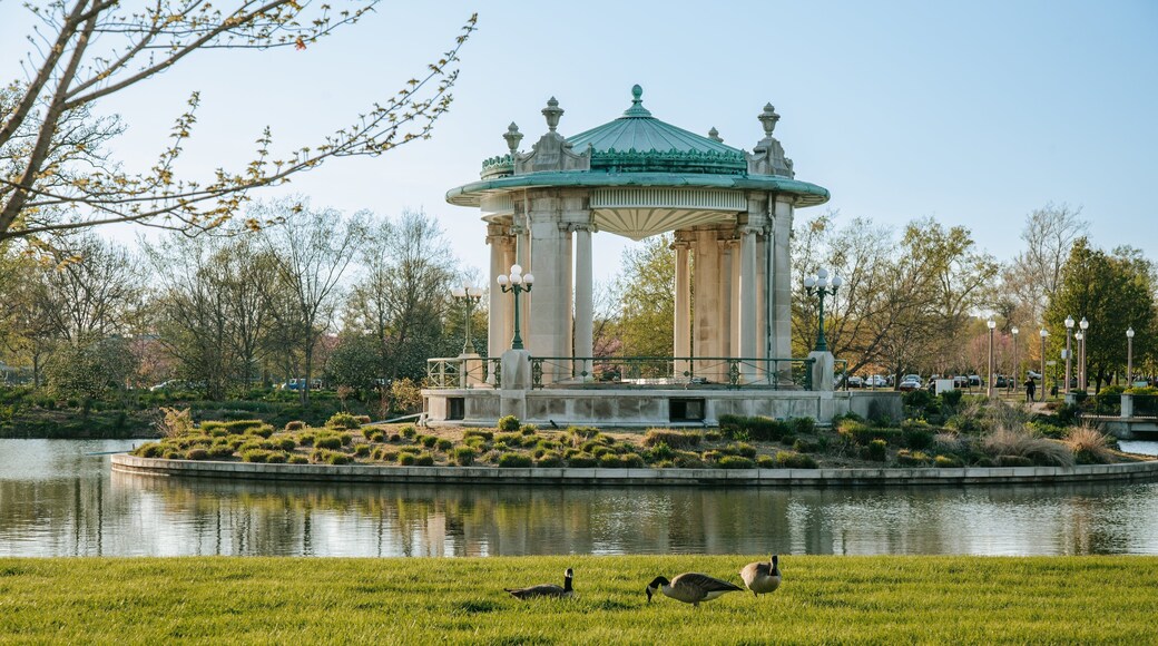 Pagoda Circle featuring heritage elements, a pond and bird life