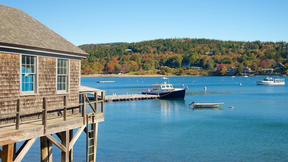 A wooden pier extending into a calm lake with boats docked, surrounded by autumn-colored trees and a forested hill in the background.