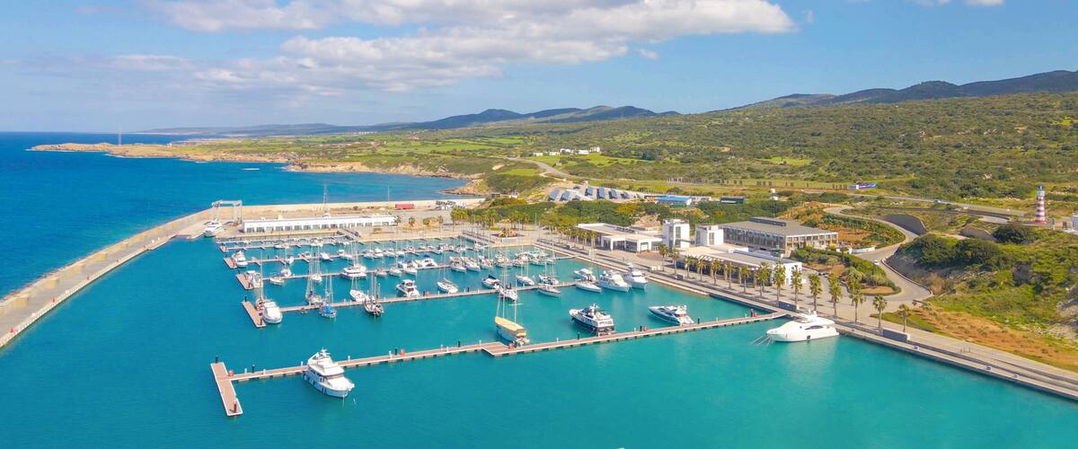 A marina with boats docked, a lighthouse, and a coastal landscape with hills.