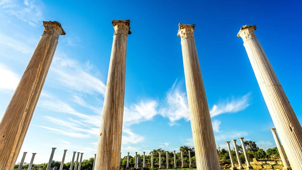 Ancient columns at Salamis, Greek and Roman archaeological site, Famagusta, North Cyprus