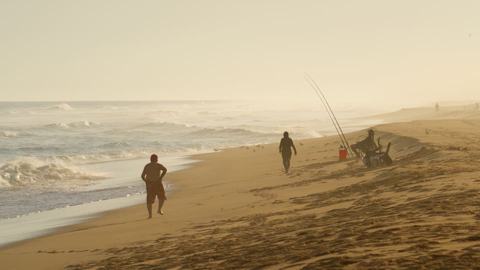A beach with people walking and fishing.