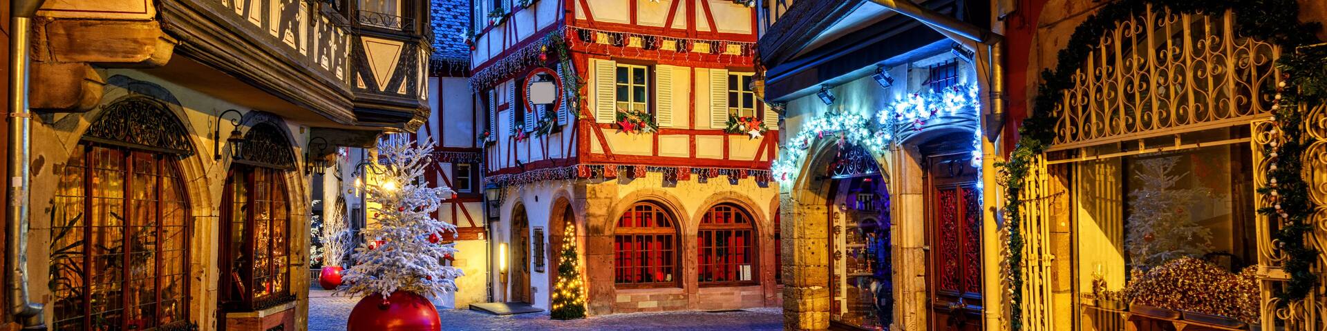 Traditional Christmas decorations and illumination in Colmar Old Town, Alsace, France