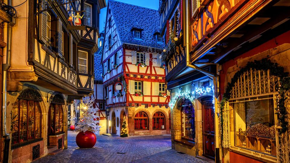 Traditional Christmas decorations and illumination in Colmar Old Town, Alsace, France