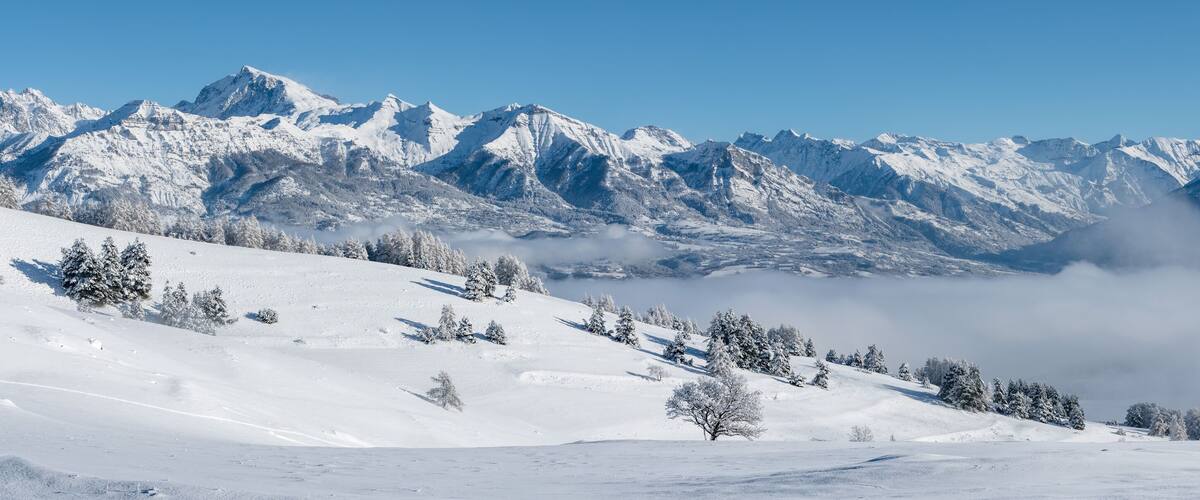 A snow-covered mountain range with a valley and trees.