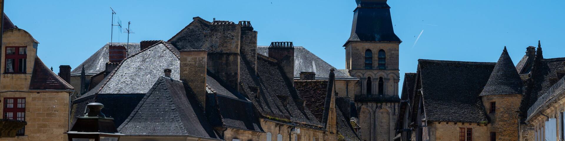 Sarlat-la-Caneda or Sarlat town in French department of Dordogne, Nouvelle-Aquitaine with medieval historic center, UNESCO site and famous Perigord truffle winter markt