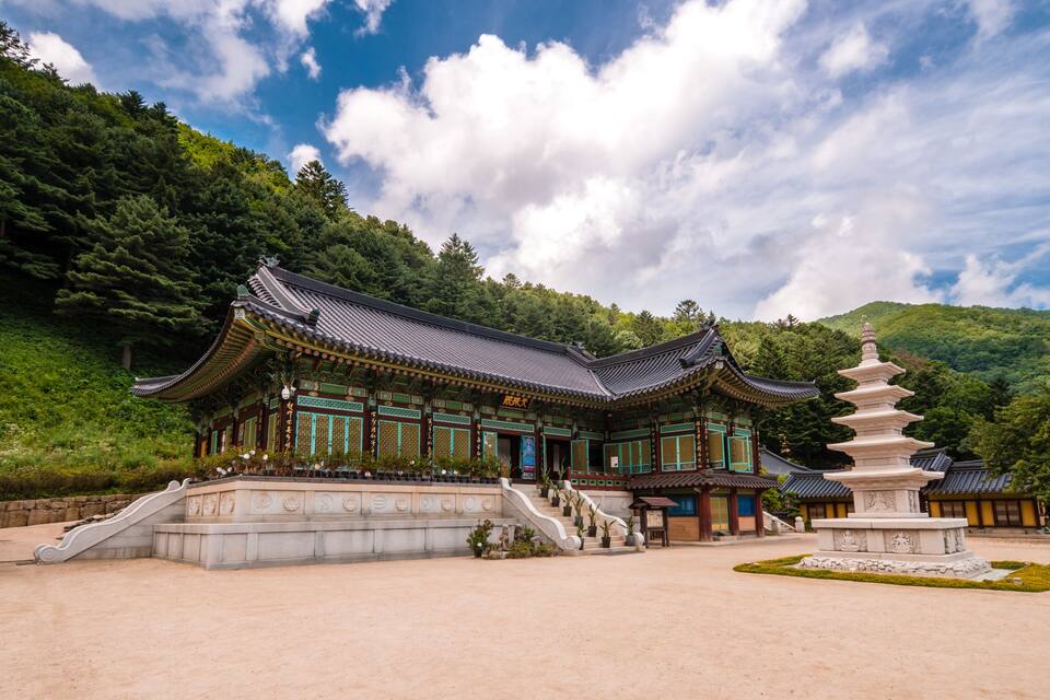 Un templo coreano tradicional con una pagoda imponente, rodeado de exuberante vegetación y un cielo despejado.